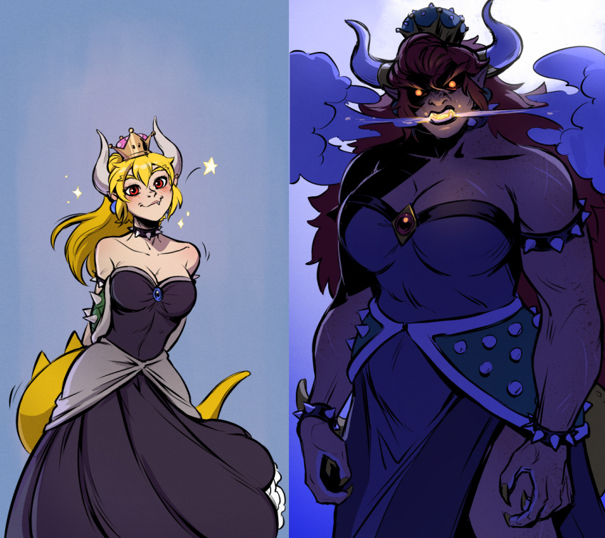 Rule 34 – 2girls bare shoulders black sclera blonde hair bowsette breathing fire butch clothed clothing comparison crown dark-skinned female dark skin dress dual persona earrings glowing eyes height difference horns huge breasts large breasts mario (series) muscular muscular female new super mario bros. u deluxe orange eyes pointy ears red bowsette red eyes red hair size difference standing strapless dress super crown tail tench turtle shell | 8106485