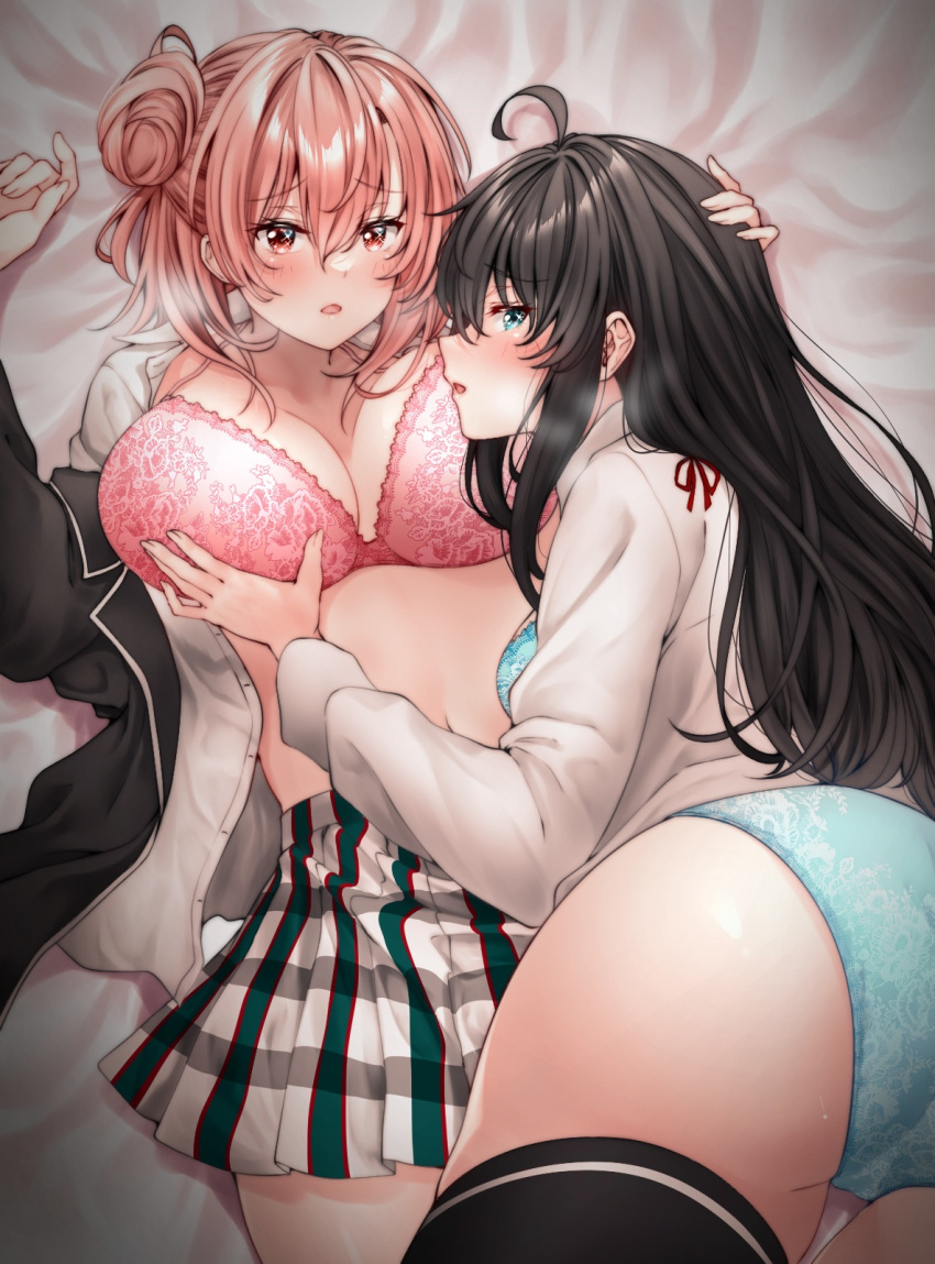 Rule 34 – 2girls aqua eyes ass black hair black jacket black thighhighs blazer blue bra blue panties blush bra breasts cleavage collared shirt from above grabbing grabbing another’s breast hair between eyes hair bun hair ribbon hand on another’s head hands up highres jacket lace lace bra lace panties large breasts long hair long sleeves looking at viewer lying medium hair multiple girls my teen romantic comedy snafu navel on back open clothes open jacket open shirt orange hair panties parted lips pink bra plaid plaid skirt profile red eyes red hayao red ribbon ribbon school uniform shirt single hair bun single side bun skirt sobu high school uniform thighhighs underwear white shirt yahari ore no seishun lovecome wa machigatteiru. yuigahama yui yukinoshita yukino yuri | 8602767