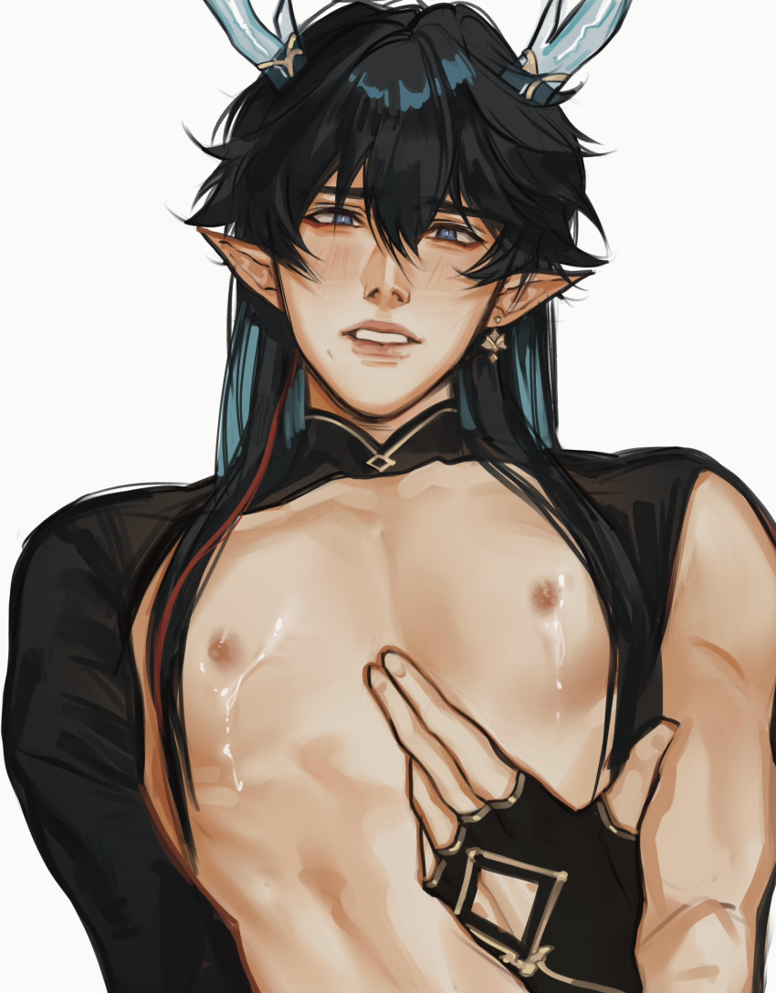 Rule 34 - 1boy Black Hair Blush Blushing Charluiu Dan Heng Dan Heng  (imbibitor Lunae) Dragon Dragon Horns Earring Elf Ears Exposed Nipples  Exposed Torso Gloves Handwear Honkai: Star Rail Horn Horns