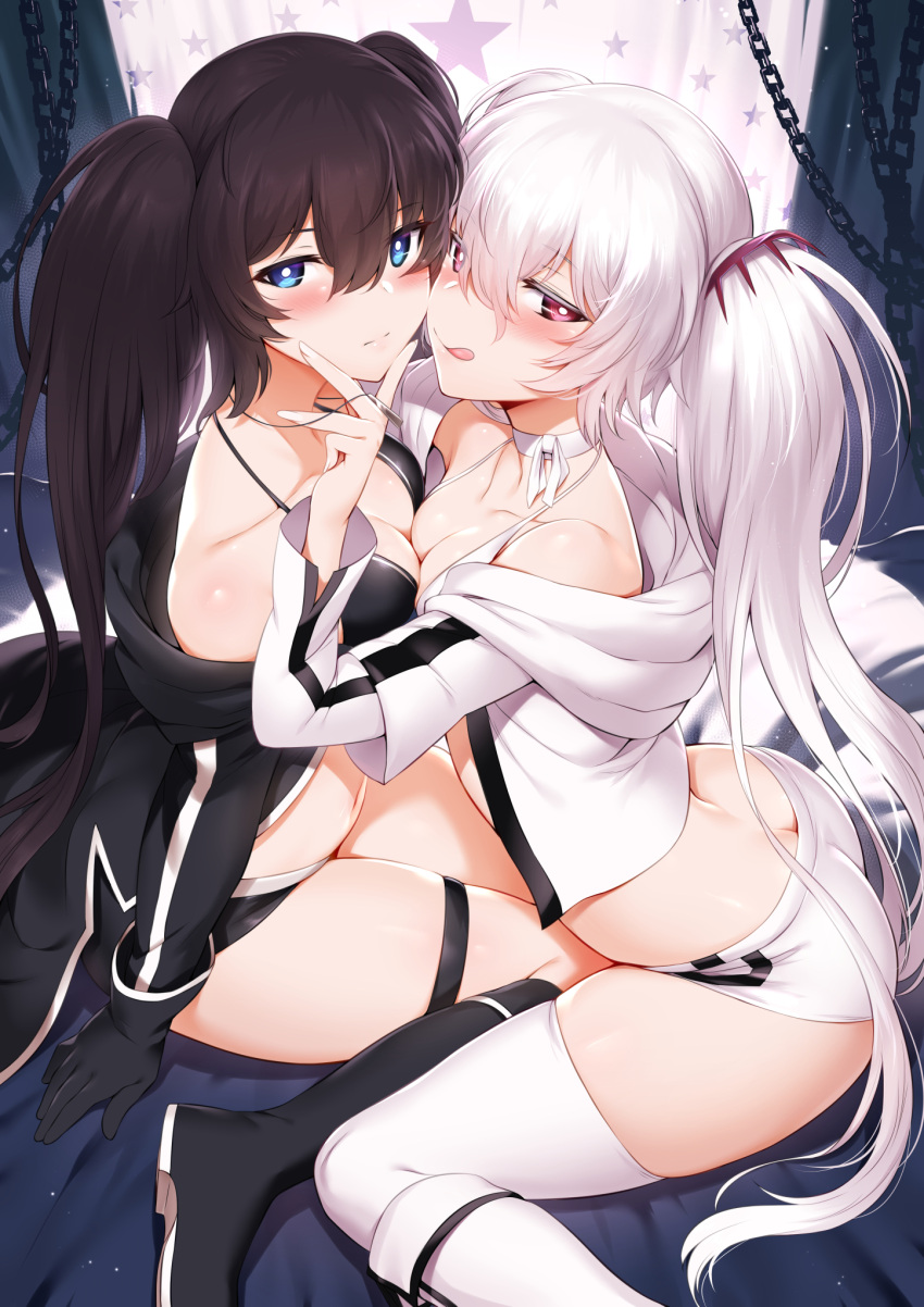 Rule 34 - 2girls Black Bikini Black Hair Black Jacket Black Rock Shooter  Black Rock Shooter (character) Blue Eyes Boots Breast Press Choker Female  Female Only Jacket Long Hair M-da S-tarou Red