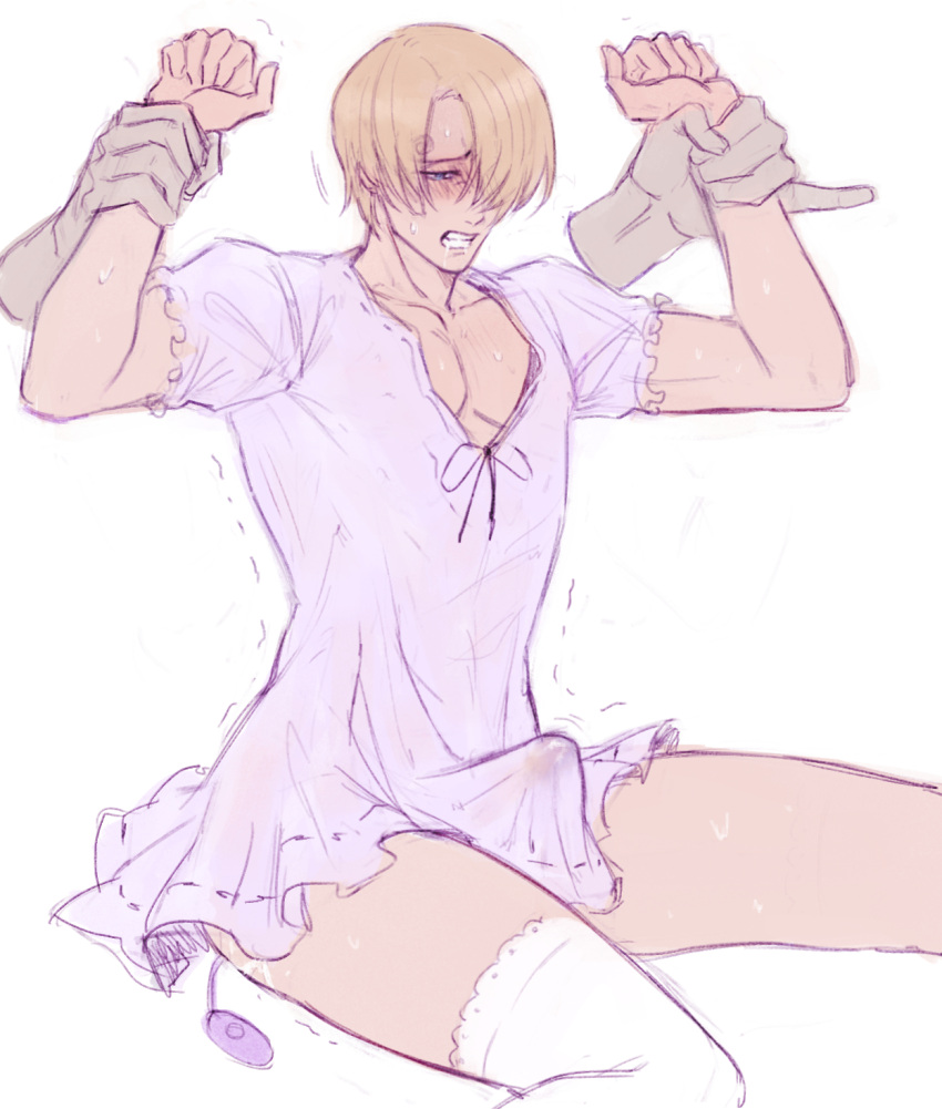 Rule 34 – anal vibrator arms above head arms up blonde blonde hair blonde male blush curly eyebrow erection erection under clothes faceless character femboy hair covering eye held by arms nightgown one eye obstructed one piece penis under clothes pink dress pre timeskip stockings vibrator vinsmoke sanji white stockings yaoi | 8618214