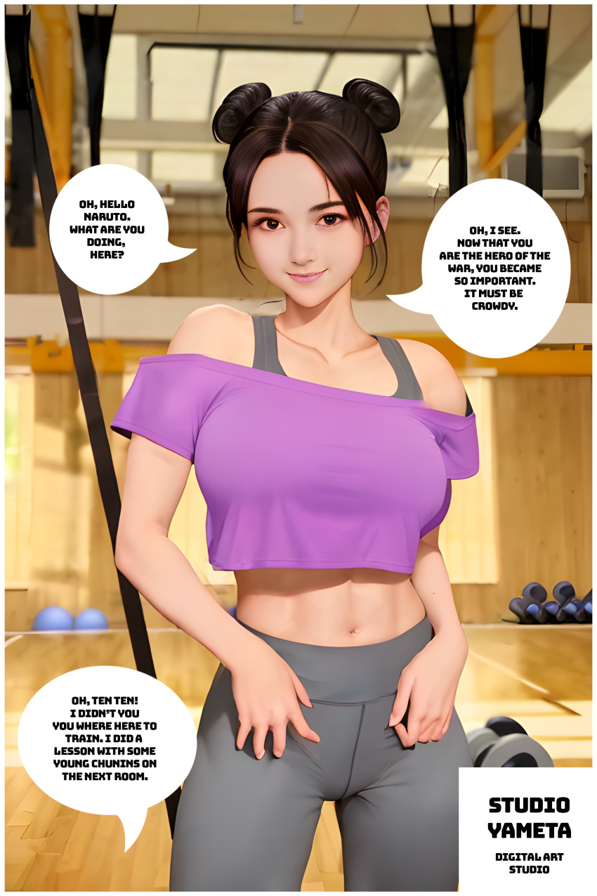 Rule 34 – abs ai generated artist logo black eyes chubby cheeks collarbone dark hair dialogue dialogue box fit female flat belly flirting gym hair bun hair buns large breasts light-skinned female light skin medium breasts midriff naruto naruto (series) naruto shippuden navel nipples perky breasts purple shirt ribs slim slim waist smile sports bra stretched clothing tenten toned toned body toned female toned stomach uzumaki naruto workout clothes yametastudio yoga pants | 8303728