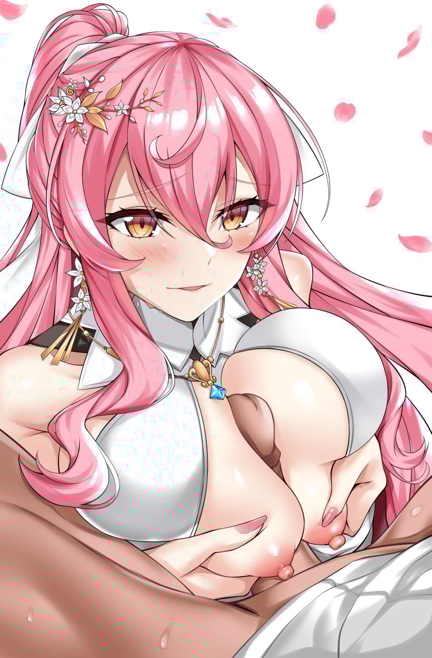 Rule 34 – 1boy1girl blush boobjob counter:side earrings elze (s01047480836) female focus grabbing own breast hair ornament lips paizuri petals pink hair pink lips ponytail smile sweat tagme veronica (counter:side) | 8703465
