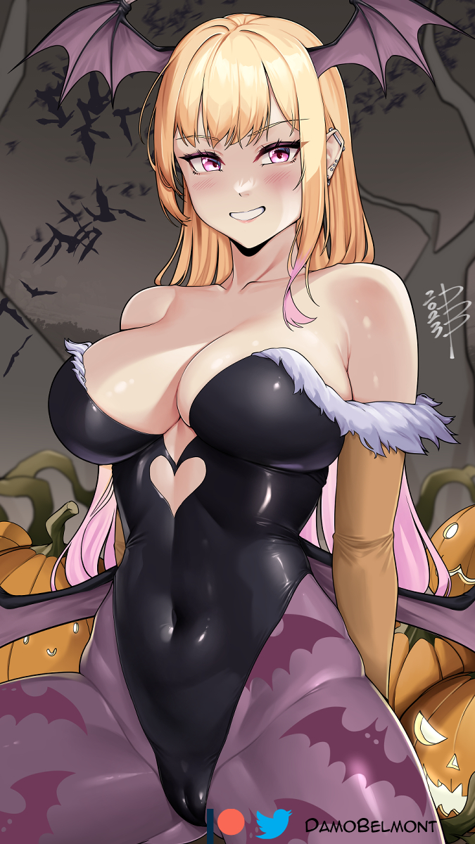 Rule 34 – armpit crease bat wings black leotard blonde hair breasts cameltoe closed mouth clothing cutout collarbone cosplay covered navel damobelmont damodar female halloween head wings highres kitagawa marin large breasts leotard light blush long hair low wings morrigan aensland morrigan aensland (cosplay) multicolored hair pink eyes pink hair pumpkin shoulder cutout sidelocks smile solo sono bisque doll wa koi wo suru teeth vampire (game) wings | 8877989