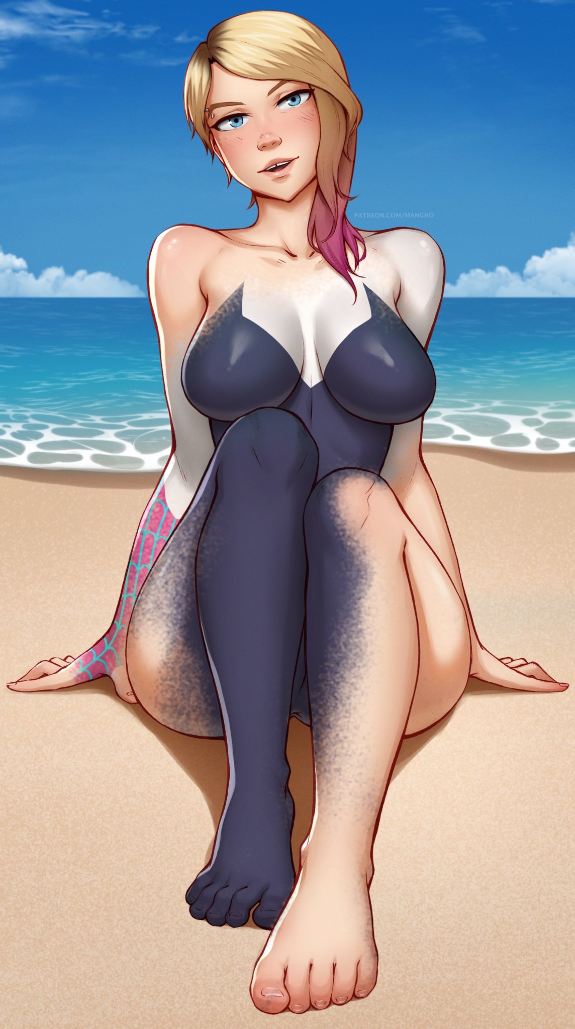 Rule 34 - 1girls Anus Anus Peek Beach Blonde Hair Bodypaint Bodysuit Brow  Piercing Exhibitionism Foot Focus Full Body Gradient Hair Gwen Stacy Gwen  Stacy (spider-verse) Large Breasts Looking At Viewer Mangho