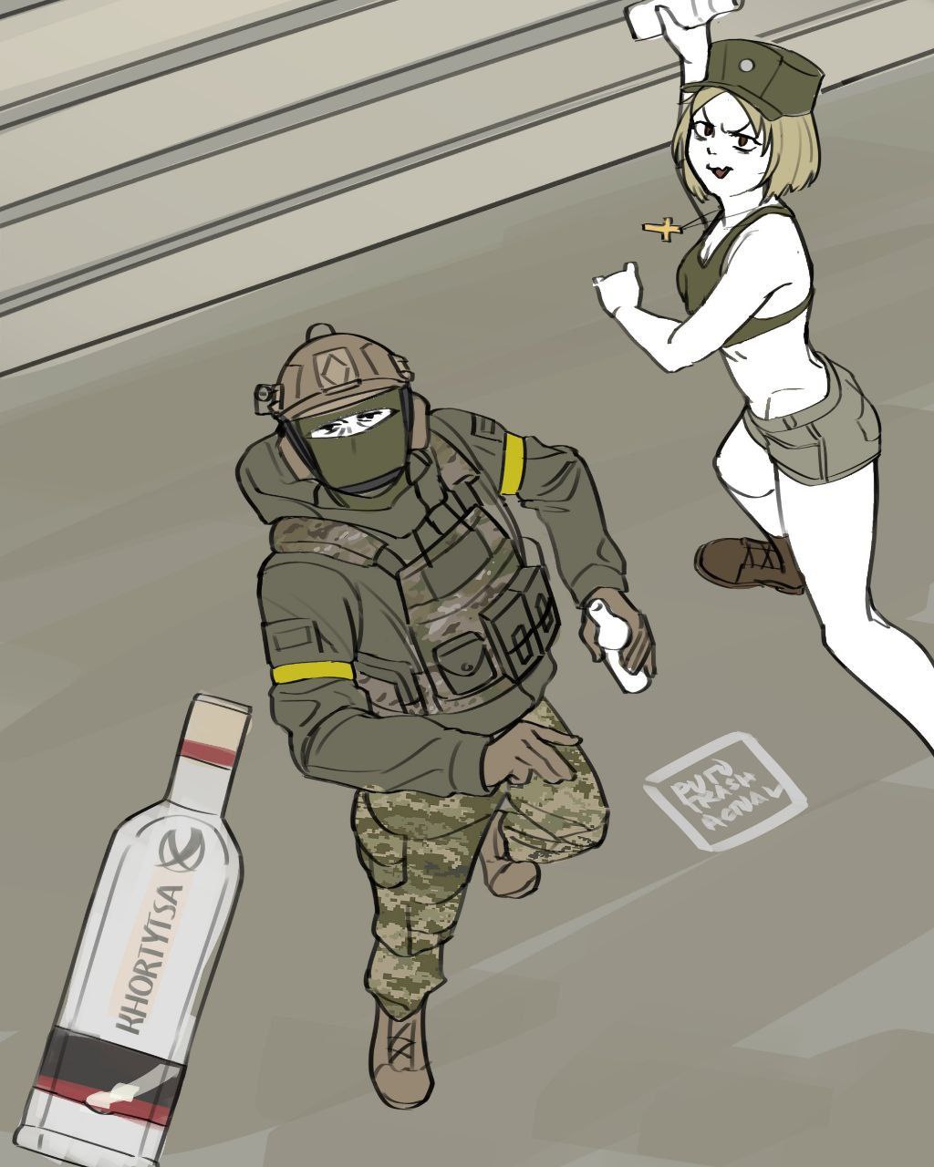 Rule 34 - 1boy1girl 1girl1boy 1girls Artist Request Azov Chan Blonde Hair  Boots Bottle Bottles Female Gloves Looking At Viewer Marichka Military  Military Helmet Military Uniform Russo-ukrainian War Sfw Short Hair Shorts