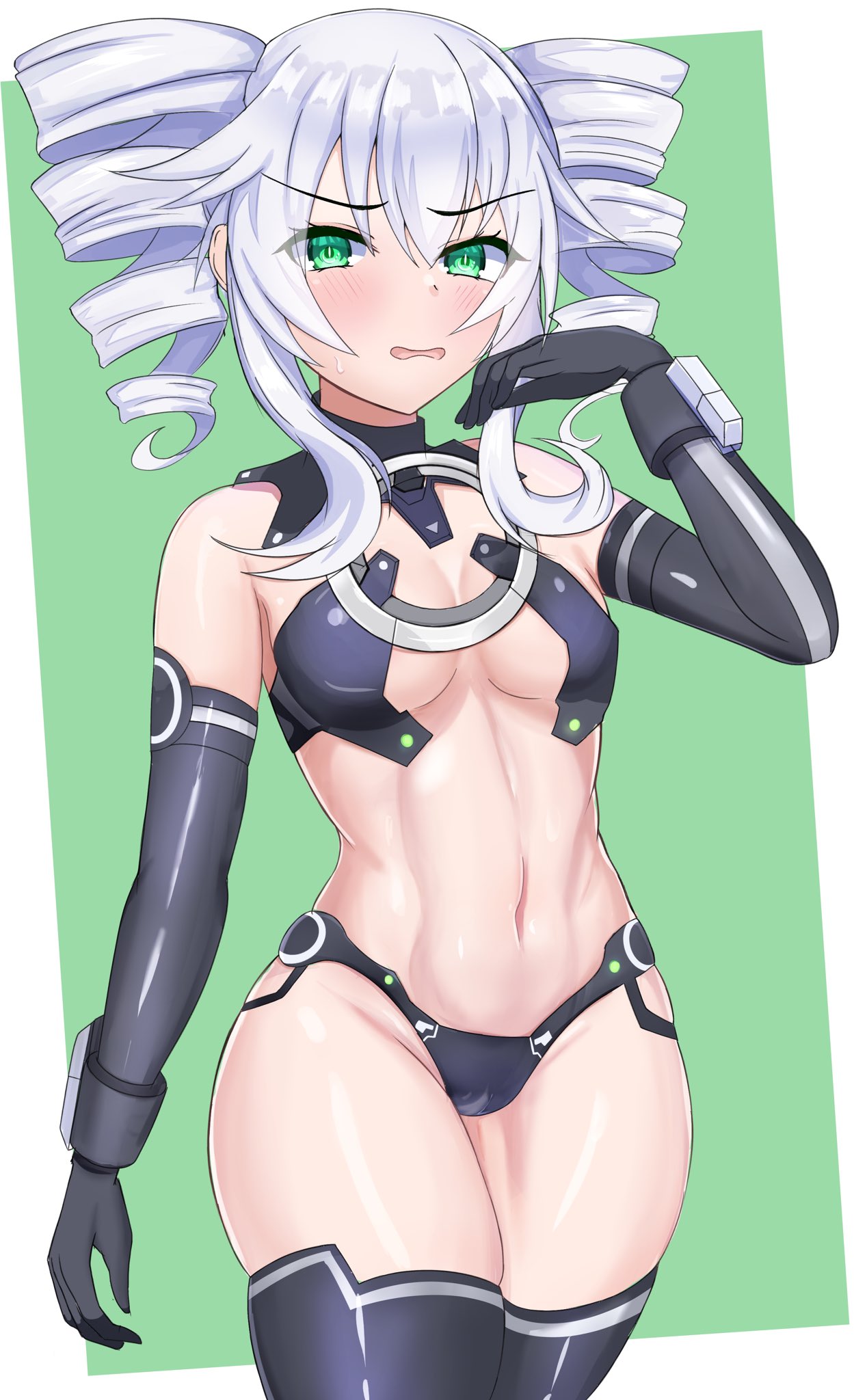 Rule 34 – bare shoulders black sister blush boob window front view goddess green eyes hand to own mouth light-skinned female looking away neptunia (series) open mouth shiny skin skimpy armor small breasts solo stiris rangetsu thighhighs twin drills uni (neptunia) white hair | 8791655