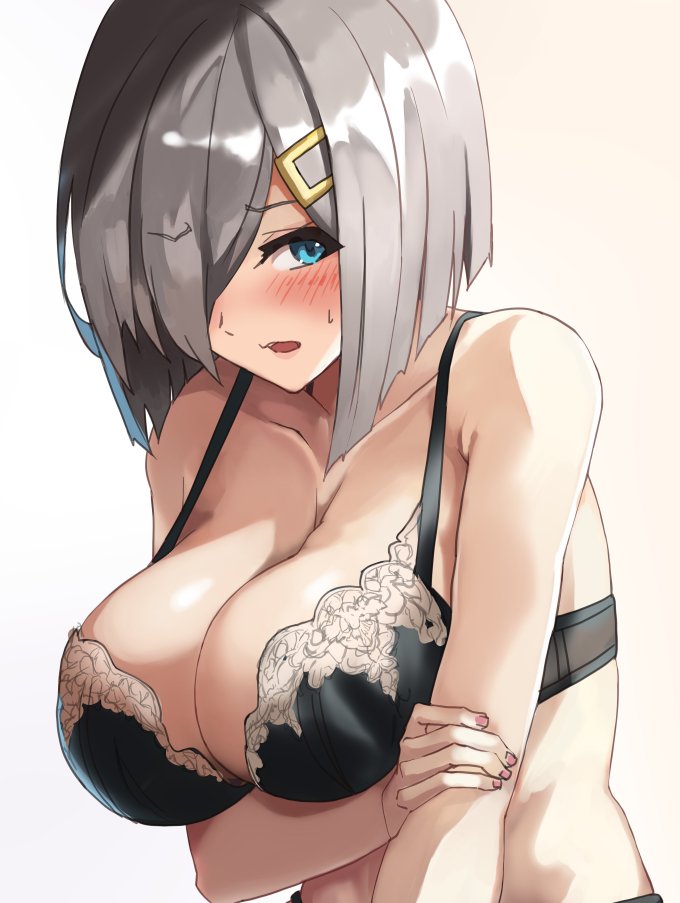 Rule 34 – black bra blue eyes blush bra breasts cleavage collarbone female grey hair hair ornament hair over one eye hairclip hamakaze (kantai collection) holding own arm kantai collection large breasts leaning forward lingerie looking at viewer open mouth short hair solo sweatdrop underwear underwear only yashiro (silver will) | 8323420