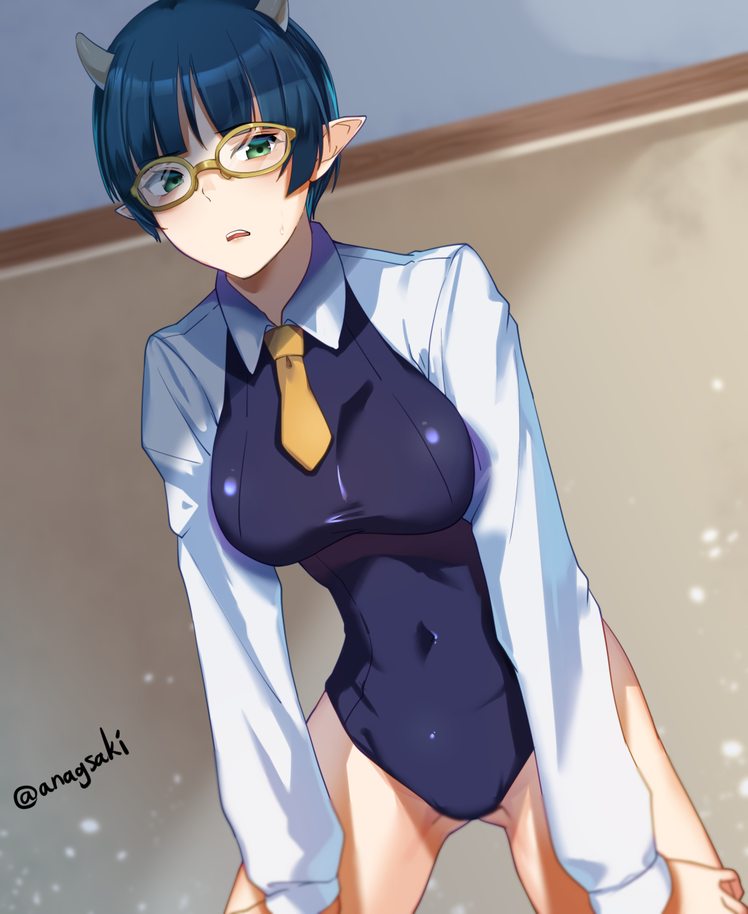 Rule 34 – 1girls anagsaki bent over big breasts busty covered navel female female only glasses hands on knees hands on own knees highres horns large breasts leaning forward legs level 1 demon lord and one room hero looking back one-piece swimsuit pointy ears pose posing sensual short hair solo swimsuit thighs voluptuous zenia (level 1 demon lord and one room hero) | 8329371