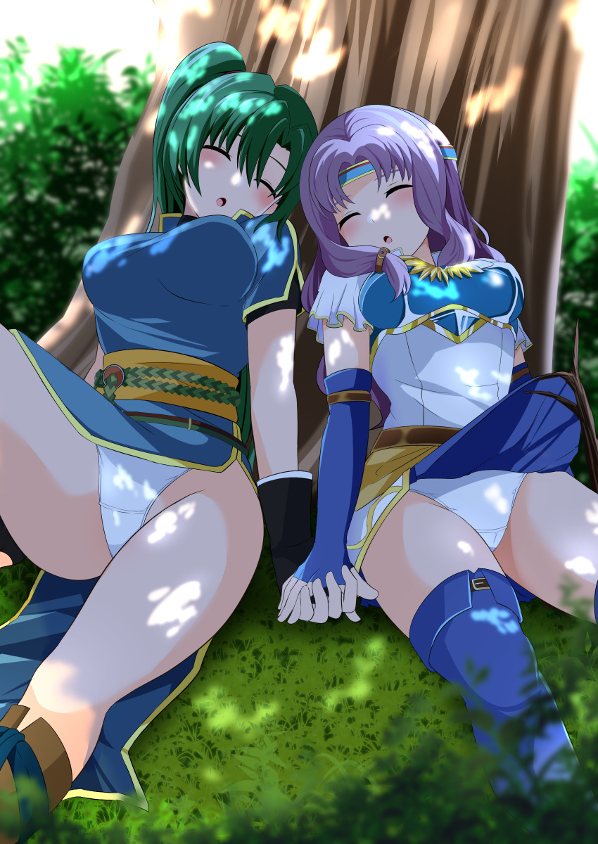 Rule 34 – 2girls against tree armor bare arms bare legs bare thighs blush boots breasts closed eyes clothes lift elbow gloves female female only fingerless gloves fire emblem fire emblem: the blazing blade florina (fire emblem) gloves green hair headband holding hands kisaragi setsu (mssk8485) large breasts legs long hair lyn (fire emblem) medium breasts multiple girls nintendo open mouth outdoors panties pelvic curtain pelvic curtain lift ponytail purple hair short sleeves sitting skirt lift sleeping stick thick thighs thigh boots thighs tree tree branch underwear upskirt very long hair white panties yuri | 7849652