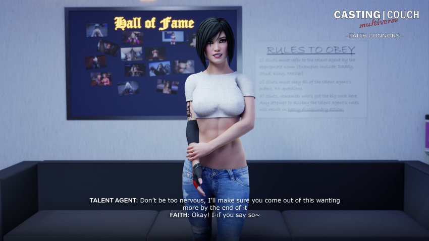 Rule 34 – 1girls 3d abs asian asian female black hair breasts casting couch english english text faith connors female female only fully clothed imminent sex jeans light-skinned female light skin mirror’s edge multiverse solo solo female subtitles talking to another tattooed arm tattoos text tscd rendering | 8226444