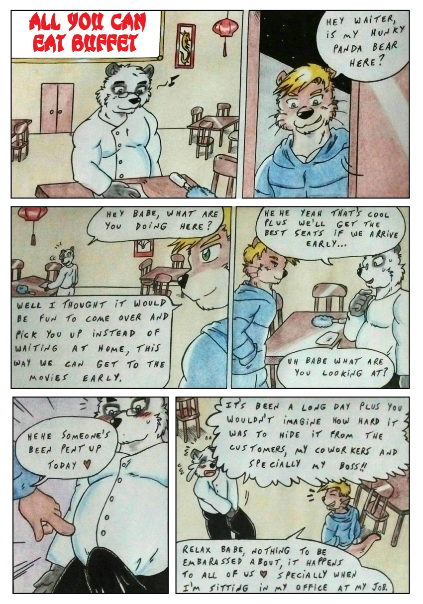 Rule 34 – absurd res anthro bear belly big belly black bottomwear black clothing black nose black pants blonde hair blue clothing blue eyes blush blush lines bodily fluids bottomwear brown body brown fur bulge chair chinese cleaning cleaning tool clothed clothing comic comic panel crying dashthefox dialogue dramatic electric mop erection erection under clothing eyewear fur furniture gesture giant panda glasses hair hi res lamp lantern male mammal manly musclegut mustelid naughty face opening door otter overweight overweight anthro overweight male pants paper lantern pointing restaurant speech bubble sweat sweatdrop table talking to another tears traditional media (artwork) uniform white body white clothing white fur working | 8475667