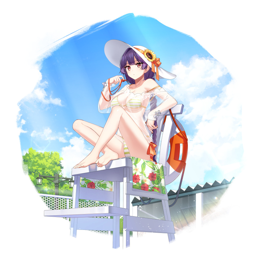 Rule 34 – absurdres bare shoulders barefoot bikini braid breasts cleavage counter:side female flower full body hat hat flower highres holding lee yumi (counter:side) lifebuoy lifeguard chair long hair looking at viewer medium breasts off shoulder official alternate costume official art outdoors purple hair red eyes see-through shirt side-tie bikini bottom single braid solo strap slip string bikini striped striped bikini sun hat swimsuit thighs transparent background whistle white headwear | 8725053