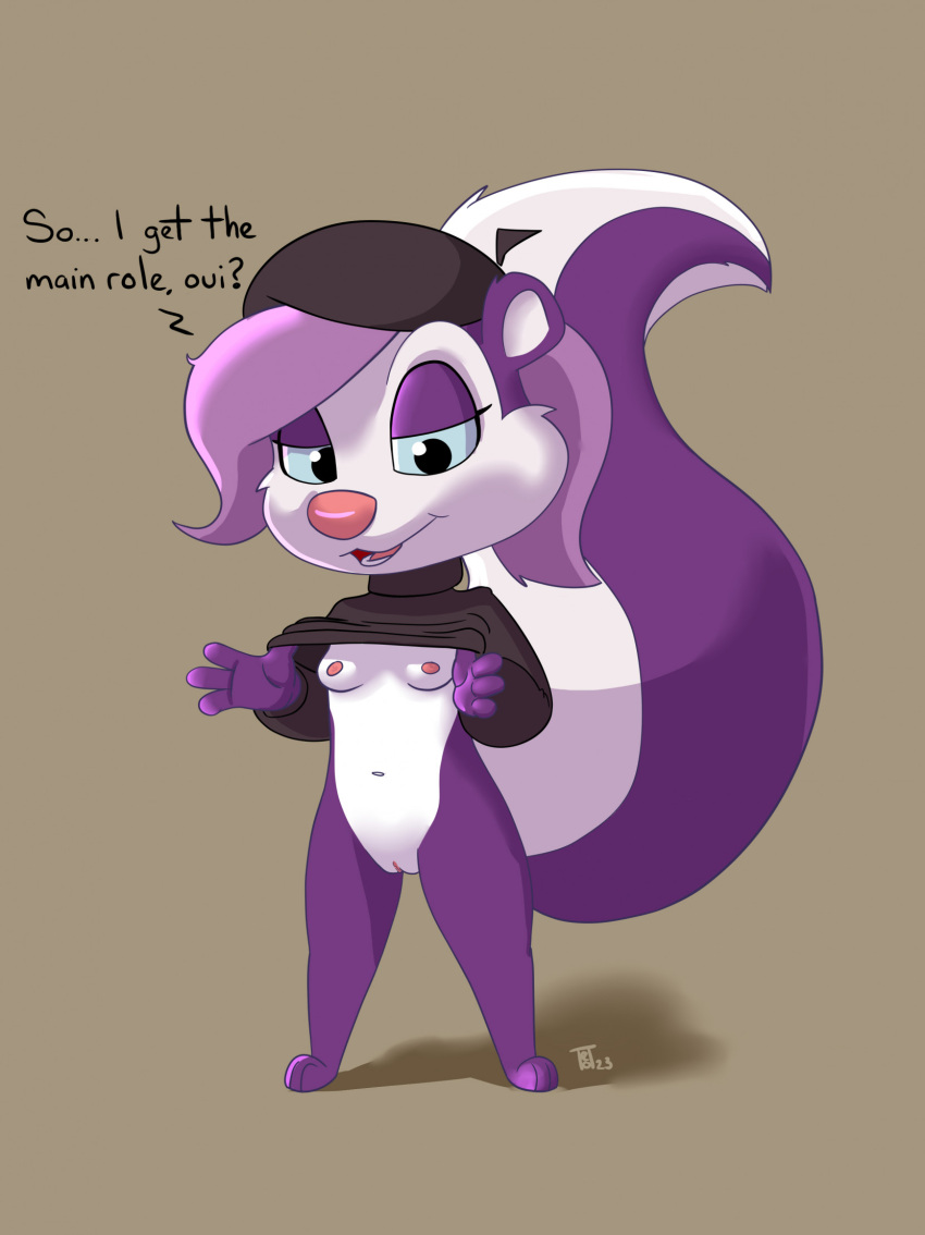 Rule 34 - Anthro Beret Breasts Clothing Female Fifi La Fume Flashing Fur  Genitals Hat Headgear Headwear Hi Res Mammal Manipulation Mephitid Purple  Body Purple Fur Pussy Simple Background Skunk Solo Stripes