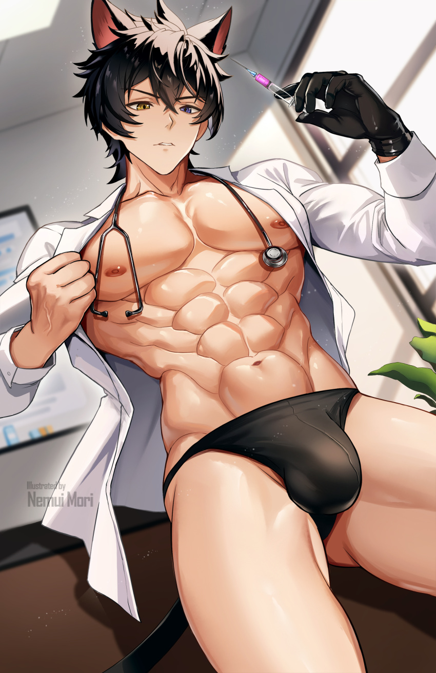 Rule 34 - 1boy 2d 2d (artwork) Abs Black Gloves Black Hair Bulge Bulge  Through Clothing Cat Ears Coat Doctor Gay Gloves Heterochromia Latex Gloves  Light-skinned Male Male Male Only Muscular Muscular