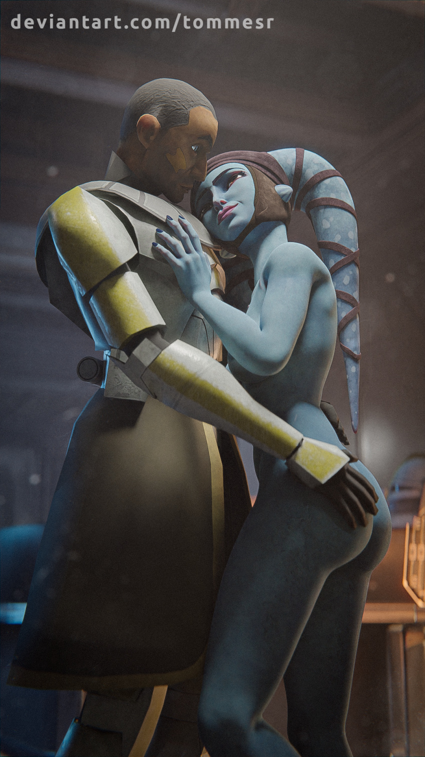 Rule 34 - 3d Aayla Secura Airress3d (3d-modeller) Alternate Version  Available Armor Ass Grab Blue Skin Clone Wars Closed Eyes Clothed Clothed  Male Clothing Commander Bly Crop Top Facepaint Gloves Groping Hand