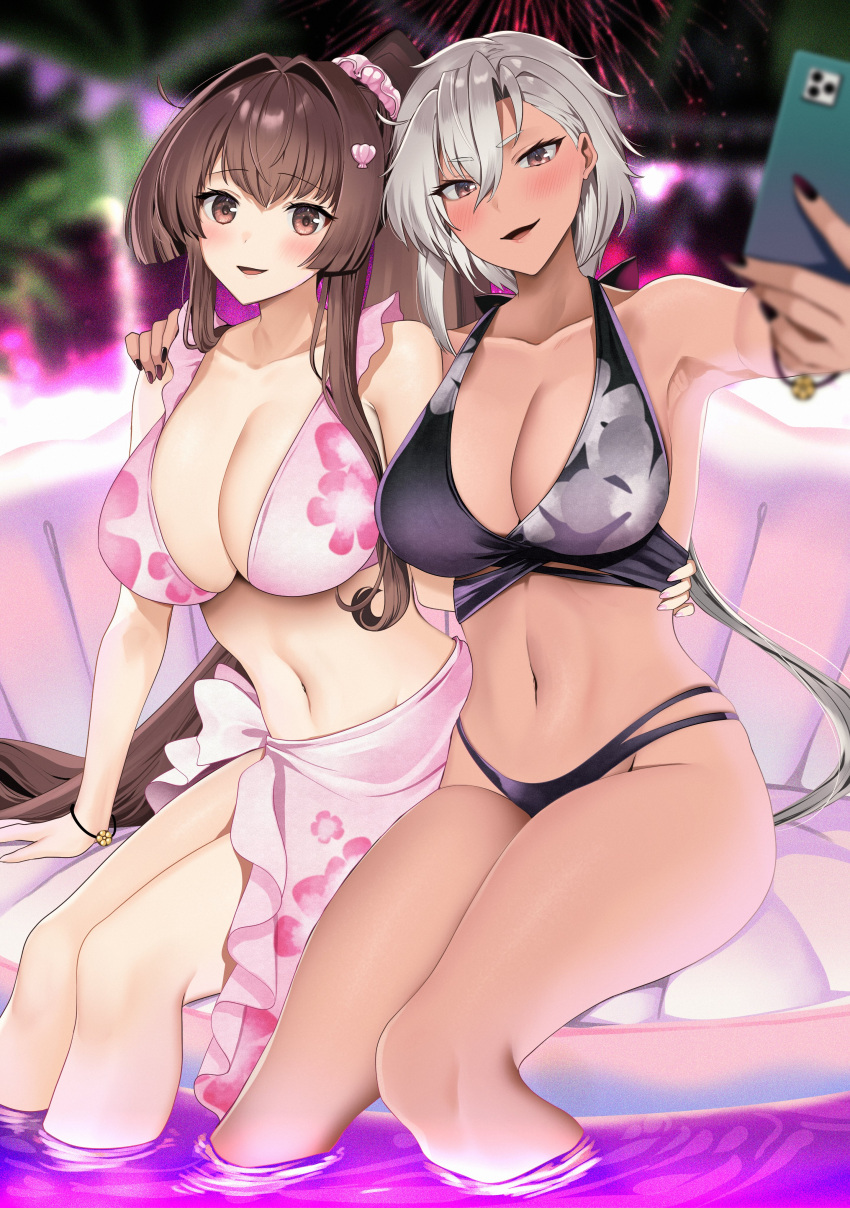 Rule 34 – 2girls absurdres alternate costume arm around waist asymmetrical bangs bikini black bikini black nails blurry breasts brown eyes brown hair cleavage collarbone depth of field fireworks grey hair hand on another’s shoulder high ponytail highres holding holding phone kantai collection large breasts long hair looking at phone multiple girls musashi (kantai collection) night night sky open mouth oyster partially submerged phone pink bikini sarong selfie shell hair ornament sitting sky smile swimsuit very long hair yamato (kantai collection) yunamaro | 8766595