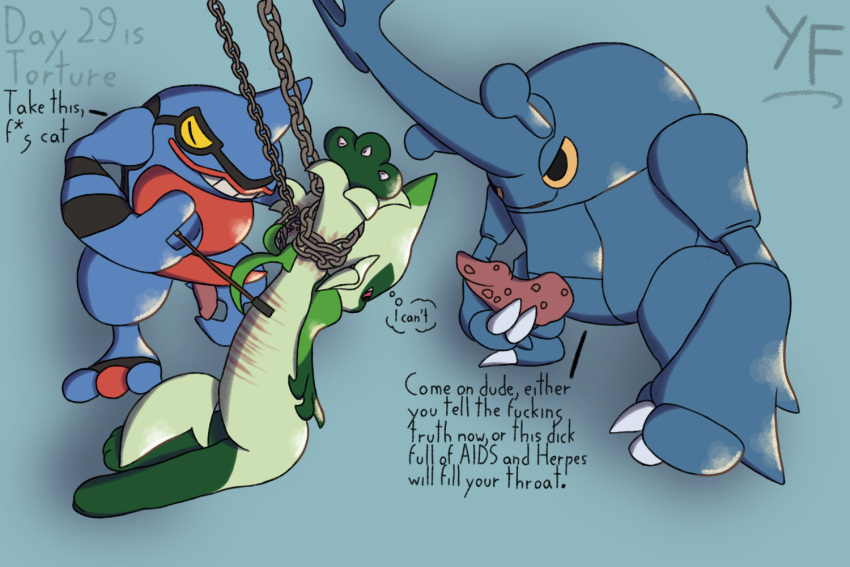 Rule 34 – 2023 3:2 amphibian anthro arthropod black eyes blue body chains claws dialogue digital media (artwork) english text fates felid floragato generation 2 pokemon generation 4 pokemon generation 9 pokemon genitals green body group heracross homophobic slur horn insects kidnapping kinktober male mammal nintendo penis pokemon pokemon (species) red eyes shadow signature simple background std text thought bubble threatening torture toxicroak trio whip mark whipping yellow sclera | 8895808