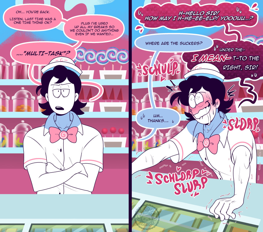 Rule 34 – annoyed expression black hair blowjob blush blushing profusely candy store gripping desk kevin (spooky month) luckyclovernb offscreen character spooky month store sucked off sucking penis talking to another under counter under desk under the table white skin | 8496013