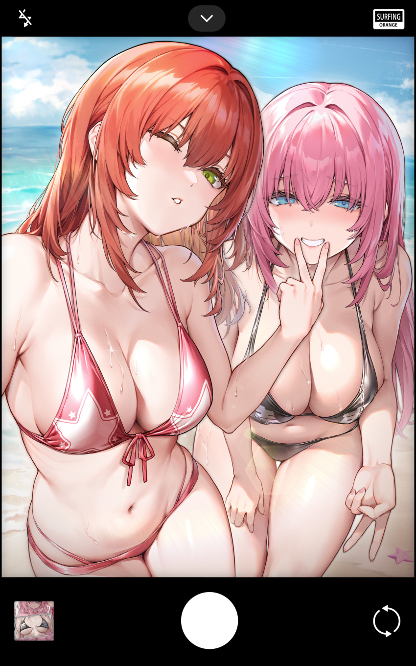 Rule 34 – 2d 2girls absurdres aqua eyes artist name beach bikini black bikini blue sky blush bocchi the rock! breasts camera phone cleavage cloud cloudy sky collarbone day gotou hitori green eyes groin hair between eyes highres kita ikuyo large breasts long hair looking at viewer multiple girls navel ocean one eye closed orange hair outdoors pink hair red bikini sand selfie sky smile star (symbol) star print stomach surfing orange swimsuit teeth v v over mouth | 8756717