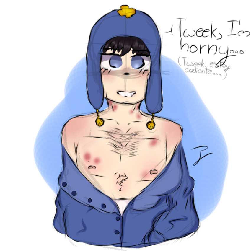 Rule 34 – black hair blue eyes blue hat blue jacket body hair chest hair craig tucker craig x tweek dominant dominant male hickey marks hickeys hickeys on chest hickeys on neck hickies horny male south park tweek tweak white skin | 8653903