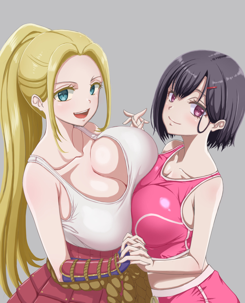 Rule 34 – 2girls :d absurdres armor asymmetrical bangs asymmetrical docking beatrix amerhauser black hair blonde hair blue eyes breast press breasts collarbone commentary request cotatubo grey background hair behind ear high ponytail highres holding hands huge breasts interlocked fingers japanese armor kote kusazuri large breasts long hair looking at viewer mikazuki shizuka multiple girls open mouth pink eyes pink shorts pink sports bra short hair shorts smile sports bra tank top white tank top yuri zom 100 zombie ni naru made ni shitai 100 no koto | 8726644