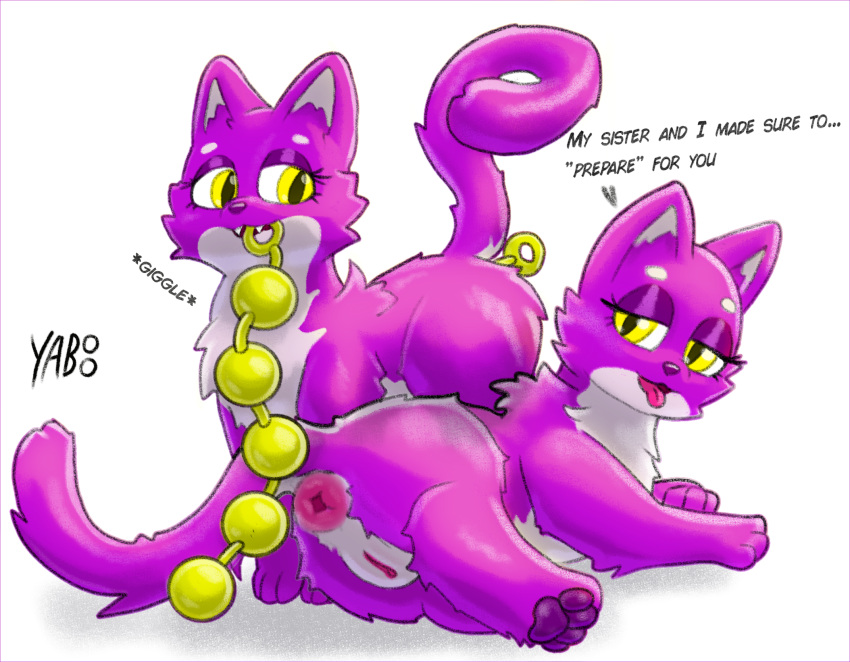 Rule 34 – anal beads anus countershading dialogue domestic cat duo felid feline felis female female/female feral fur gaping gaping anus genitals hi res incest (lore) lying mammal on side pawpads paws presenting presenting anus presenting pussy purple body purple fur pussy sex toy sibling (lore) standing talking to viewer twins (lore) yaboo | 8768257