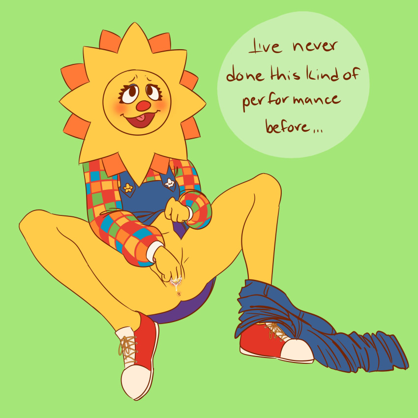 Rule 34 – 1girls blush clothing elemental creature elemental humanoid female female only footwear green background looking at viewer masturbation masturbation through clothing puppet pussy sally starlet (welcome home) star welcome home (puppet show) yellow body yellow skin | 8766216