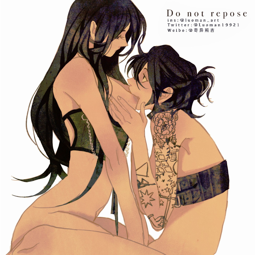 Rule 34 – 2girls arm tattoo between breasts black hair bottomless bra breasts closed mouth cupless bra dated eye contact face between breasts grabbing grabbing another’s breast head between breasts highres instagram username long hair looking at another luoman19921 multiple girls nipples original short hair simple background sitting sitting on lap sitting on person small breasts tattoo twitter username underwear weibo username white background yuri | 8731176