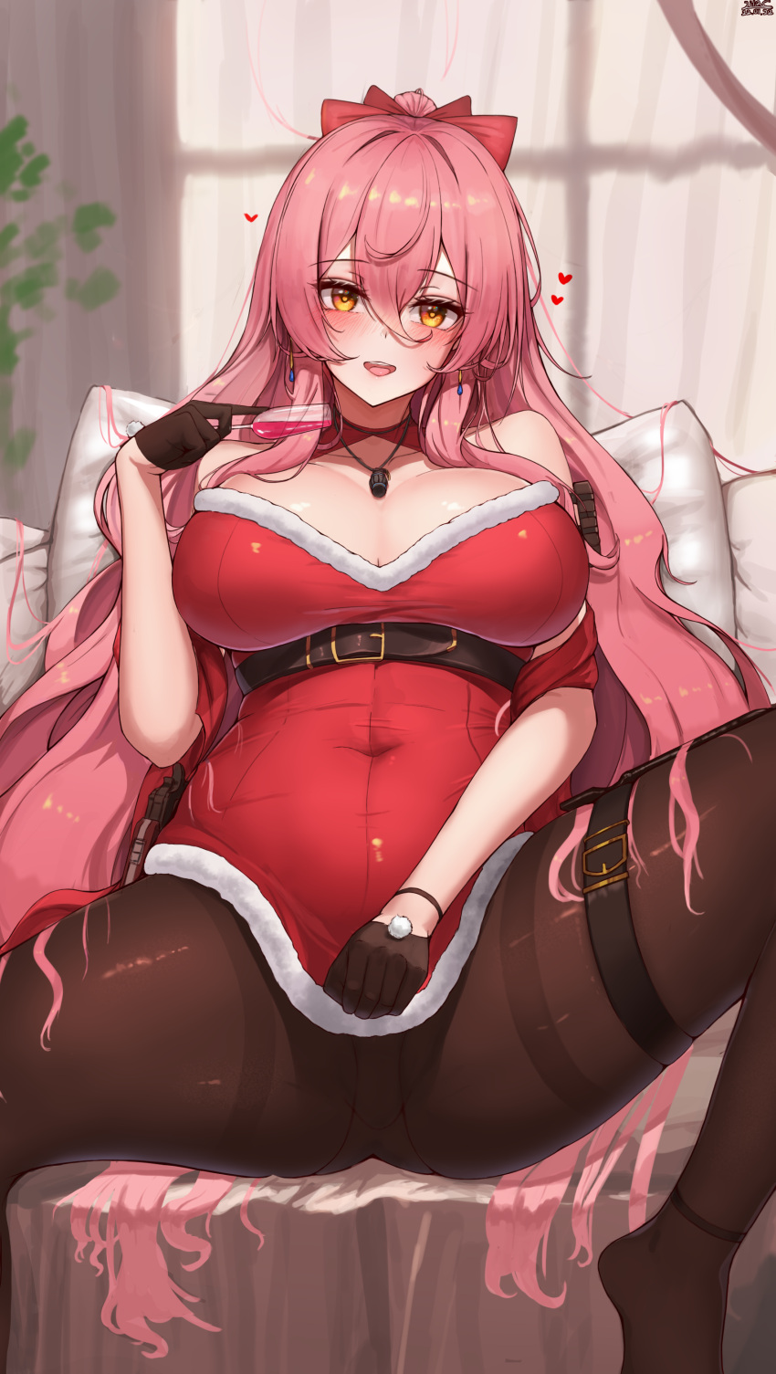 Rule 34 – absurdres alternate costume ass bare shoulders black gloves blush breasts cleavage collarbone counter:side covered navel dated female gloves hair between eyes half gloves heart highres jewelry large breasts lilac (k32420276) long hair looking at viewer necklace open mouth pantyhose pillow pink hair sitting spread legs teeth upper teeth only veronica (counter:side) yellow eyes | 8749487