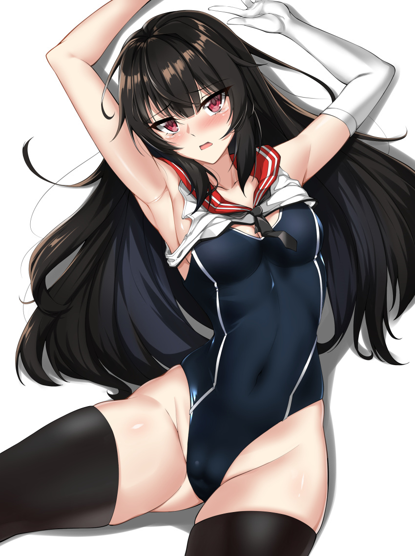 Rule 34 – absurdres armpits arms up bare shoulders black hair black one-piece swimsuit black thighhighs breasts cameltoe clothes lift counter:side covered navel elbow gloves elze (s01047480836) female gloves groin highleg highleg swimsuit highres long hair looking at viewer necktie one-piece swimsuit red eyes sailor collar shirt shirt lift short necktie simple background single glove sleeveless sleeveless shirt small breasts solo swimsuit thighhighs white background white gloves white shirt xiao lin (counter:side) | 8749537