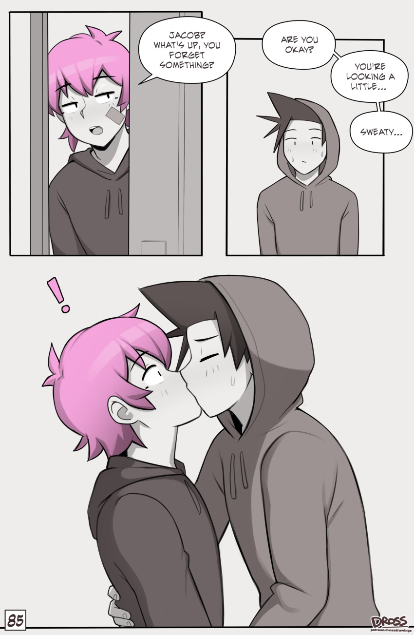 Rule 34 - 2boys Black Hair Comic Comic Page Dross Gay Hoodie Jacob (dross)  Kissing Light-skinned Male Light Skin Male Male/male Male Only Monochrome  Pink Hair Skater Boi (dross) Tagme Taylor (dross)