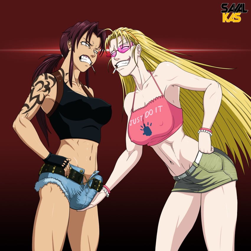 Rule 34 – 1futa 1girls abs angry angry expression angry eyes angry face balls big breasts black lagoon blonde hair booty shorts breasts brown hair bulge bulge fondling bulge through clothing burgundy hair cigarette cigarette in mouth clothed clothing dick duo eda (black lagoon) erection eye contact eye to eye female fondling fully clothed futa with female futanari gritted teeth gritting teeth hands on hips huge breasts human jean shorts large breasts leaning leaning forward legs light-skinned female light-skinned futanari light skin long hair nipple bulge penis revy rivals savalkas skinny smug smug expression smug face smug smile standing sunglasses tank top tattoo tattooed arm teeth teeth clenched teeth showing testicles thighs toned toned body toned female touching balls | 8804486