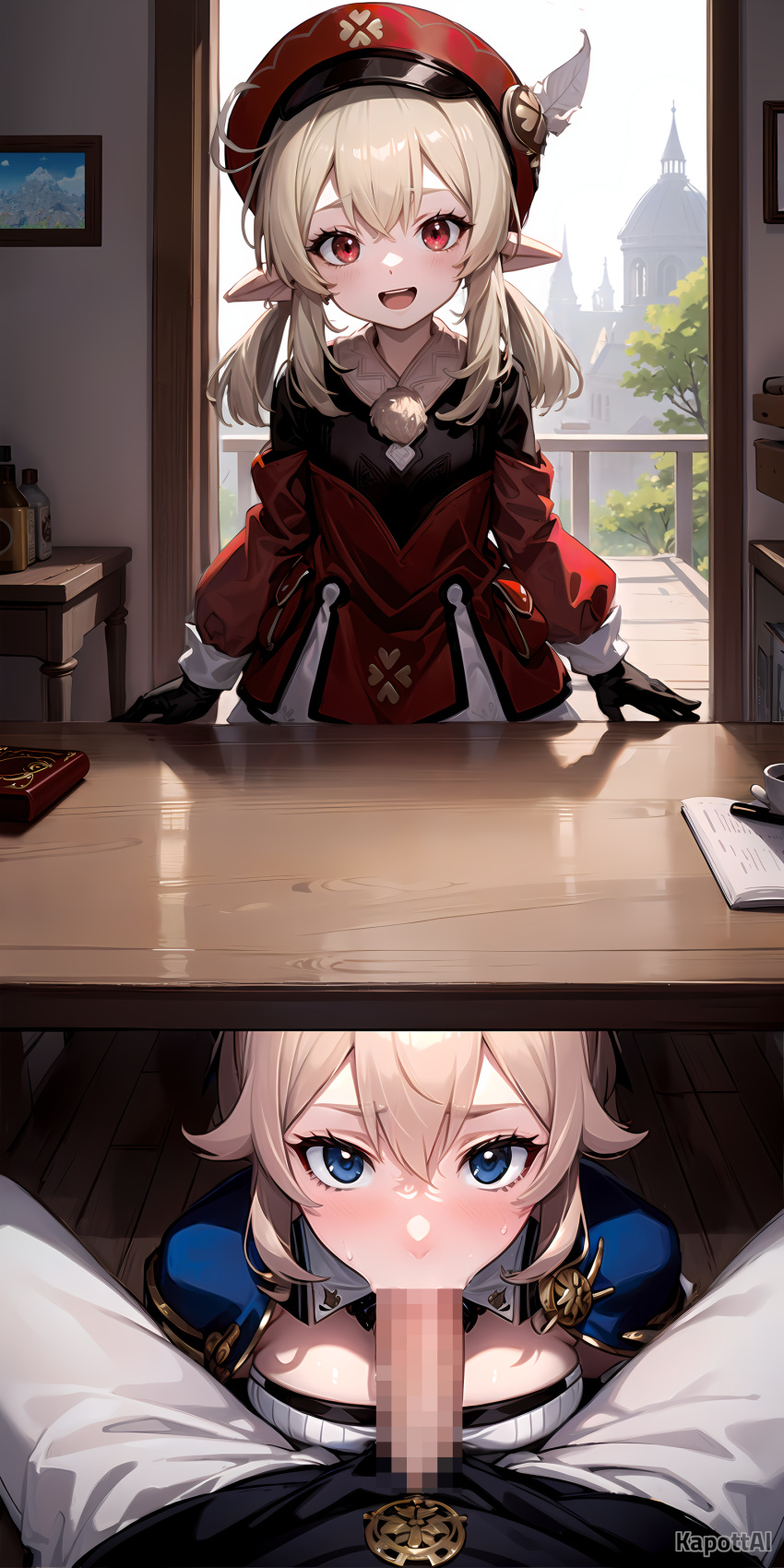 Rule 34 – 1boy 1girl 1girls 2girls ai generated bangs blonde hair blowjob blue capelet blue eyes blush book cabbie hat capelet caught caught in the act censored clover clover print cute desk dress eyebrows visible through hair eyelashes fellatio female fringe genshin impact gloves hair between eyes hands-free happy hat hat feather hetero hidden hiding high resolution highres indoors jean gunnhildr kapottai klee (genshin impact) long hair long sleeves looking at viewer mosaic censoring open door open mouth oral penis picture frame picture on wall pointy ears ponytail pov pov blowjob pov crotch pov eye contact pov male red eyes sidelocks smile stealth fellatio stealth oral stealth sex strapless shirt sucking sucking penis sweat sweatdrop teenager textless textless version tied hair twintails unaware under table under the table walking in on worried worried expression young | 8467106