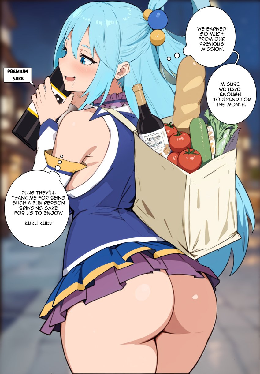 Rule 34 - Aqua (konosuba) Ass Big Ass Blue Eyes Blue Hair Goddess Grocery  Bag Kisou Kono Subarashii Sekai Ni Shukufuku Wo! No Panties Sake Skirt Lift  Text Tied Hair | 8792789