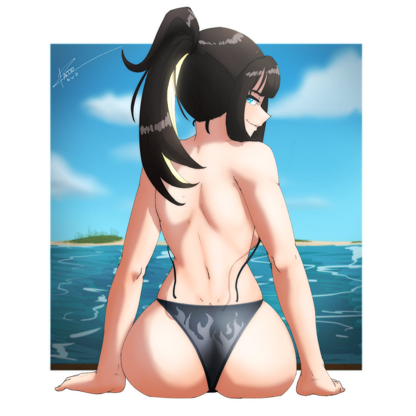 Rule 34 – 1girls artist signature back view bikini black bikini black hair blue eye confident female female only indie virtual youtuber light-skinned female light skin looking at viewer looking back outside pato (elpatoniss) solo swimsuit utada zoey virtual youtuber water | 8860848