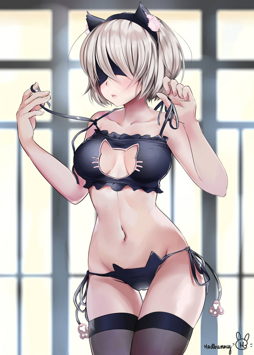 Rule 34 – 1girls black bra black lingerie black panties blindfold bra breasts cat ears cat keyhole bra cat keyhole lingerie cat lingerie cleavage cutout fake animal ears large breasts lingerie madbunny midriff navel nier: automata panties short hair side-tie panties thighhighs undressing white hair window window shade yorha 2b | 8940654