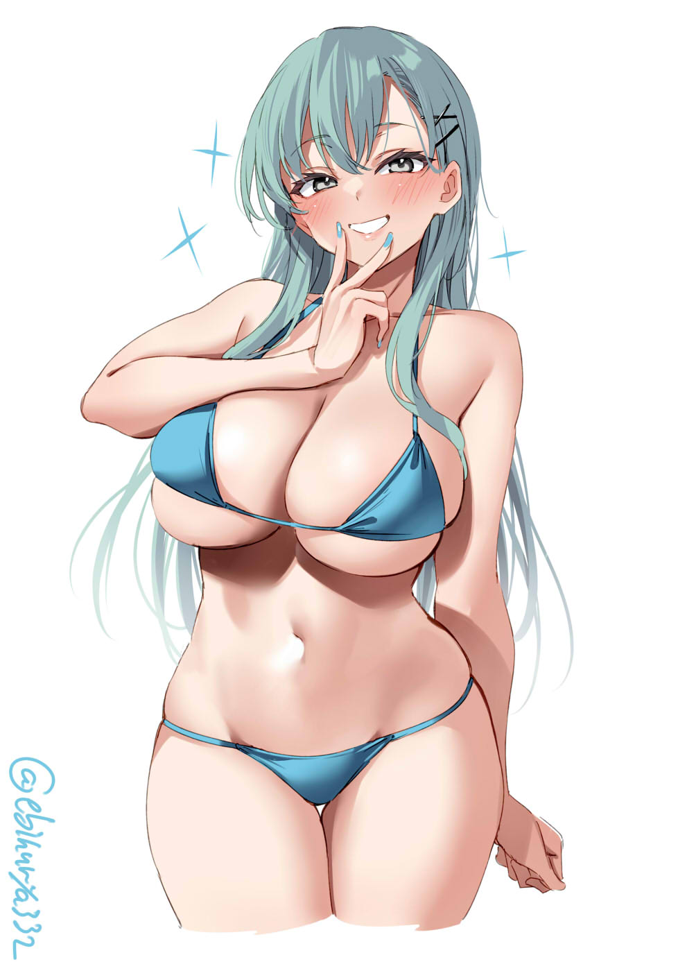 Rule 34 – 1girls aqua bikini aqua eyes aqua hair aqua nails bangs bare shoulders bikini blush breasts cleavage collarbone cowboy shot cropped legs ebifurya female grin hair between eyes hair ornament hairclip highres kantai collection large breasts light-skinned female light skin long hair looking at viewer nail polish navel one-hour drawing challenge simple background skindentation smile solo sparkle suzuya (kantai collection) swimsuit thigh gap thighs twitter username underboob v v over mouth white background | 7485282