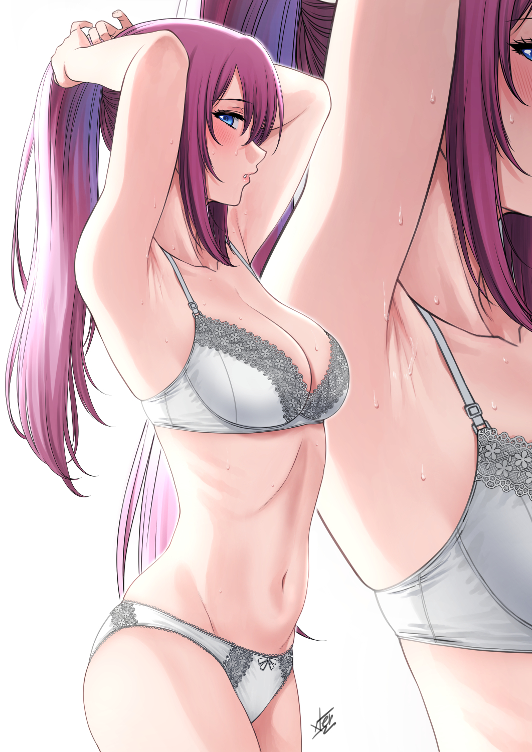 Rule 34 – armpits arms up artist name blue eyes bra breasts commentary cowboy shot grey bra grey panties highres holding holding hair kawaii dake ja nai shikimori-san medium breasts navel panties parted lips ponytail profile purple hair shikimori (kawaii dake ja nai) solo underwear underwear only xter xtermination zoom layer | 9057635