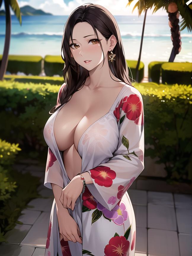 Rule 34 – 1girls ai generated ai mirror blush bracelet brown eyes brown hair bush earrings flower pattern kimono long hair looking at viewer looking nervous medium breasts no bra palm tree sea seaside stone path uncovered white kimono white skin yukata | 9010876