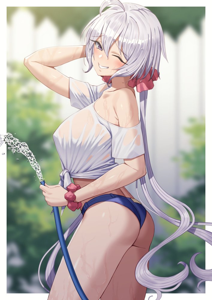 Rule 34 – ;) ass blue shorts blurry blurry background breasts female fence from side grey hair hair between eyes holding holding hose hose large breasts long hair looking at viewer low twintails midriff off-shoulder shirt off shoulder one eye closed outdoors parted lips pink scrunchie purple eyes scrunchie senki zesshou symphogear shirt short shorts shorts smile solo tied shirt tsukamoto kensuke twintails very long hair water wet wet clothes wet hair wet shirt white shirt wooden fence wrist scrunchie yukine chris | 8969459