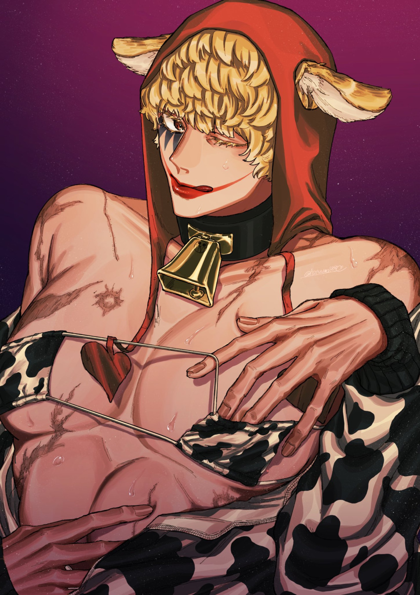 Rule 34 – 1boy bikini blonde hair chullo clown makeup coif collar cow bikini cow boy cow ears cow print cowbell donquixote rosinante eyepatch bikini hat hatuumai88 headwear kemonomimi lipstick looking at viewer makeup male male only muscular muscular male one piece open clothes open jacket pecs red lipstick scars solo sweat tongue out upper body winks | 8931511