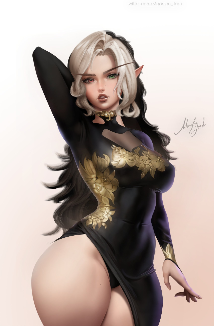 Rule 34 – 1girls arm behind head black hair dress elf elf ears elf female female female only green eyes heterochromia hi res long eyebrows long hair looking at viewer mole mole on nose mole on thigh mole under eye mole under mouth moonlen-jack red eyes solo thick thighs two tone hair very high resolution white background white hair zoelie (sasha khmel) | 9055224