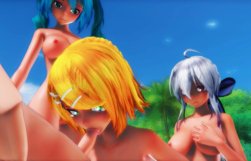 Rule 34 – aqua hair blonde hair blowjob green eyes hatsune miku kagamine rin looking at another red eyes sucking penis tears in eyes white hair yowane haku | 9057147