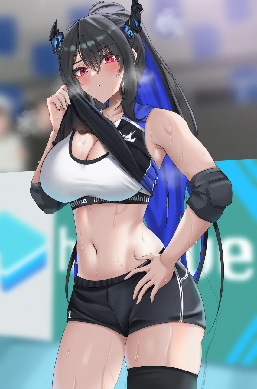 Rule 34 – 1girls 2023 absurdres black hair blurry blurry background breasts cleavage clothes lift colored inner hair cowboy shot demon horns elbow pads female hand on own hip heavy breathing highres hololive hololive english horns large breasts long hair mole mole on stomach mole under eye multicolored hair navel nerissa ravencroft red eyes shirt lift shorts solo sports bra sportswear stomach sweat virtual youtuber volleyball uniform vtuber white sports bra ybpac18 | 9065902