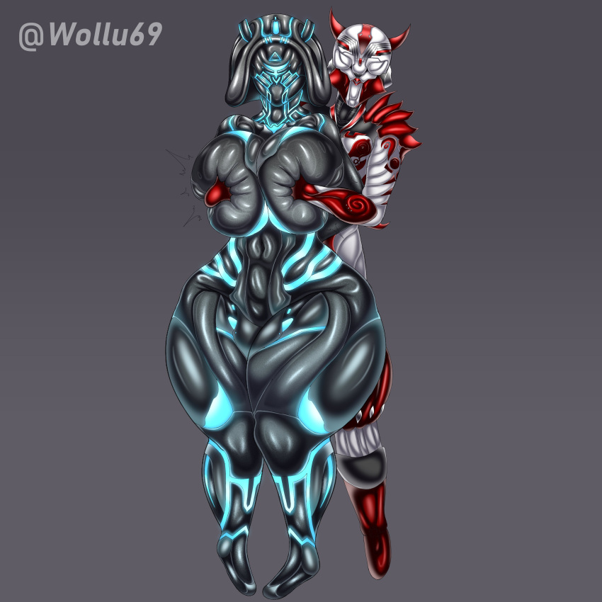 Rule 34 – 1boy 1girls armor devil horns huge breasts squeezing breast tagme thick thighs wollu | 9021117