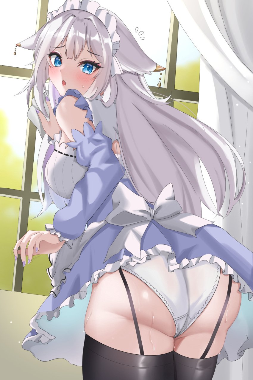 Rule 34 – 1girls allyse animal ears blue eyes detached sleeves eyebrows visible through hair female female only headdress indie virtual youtuber indoors jewelry light-skinned female light skin maid maid headdress maid uniform panties pantyshot purple nails solo sweat virtual youtuber white panties wolf ears wolf girl ybpac18 | 9071606