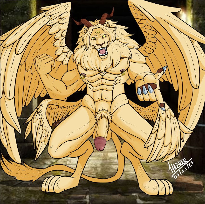 Rule 34 – absurd res anthro balls delicious in dungeon feathered wings feathers felid fur genitals hazker hi res horn humanoid genitalia lion male mammal multi eye multi wing muscular muscular anthro muscular male nipple piercing nipples open mouth pantherine penis piercing pubes solo tail teeth showing winged lion (delicious in dungeon) wings yellow body yellow eyes yellow fur | 8930806