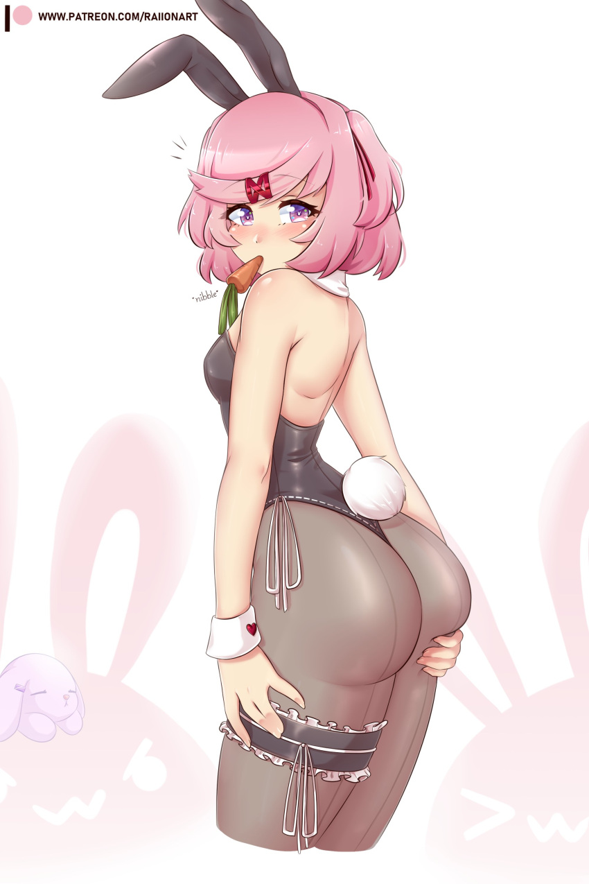 Rule 34 - Big Ass Bunny Costume Bunny Ears Bunny Girl Bunny Tail Bunnysuit  Doki Doki Literature Club Natsuki (doki Doki Literature Club) Pantyhose  Pink Hair Purple Eyes Raionart Short Hair Small