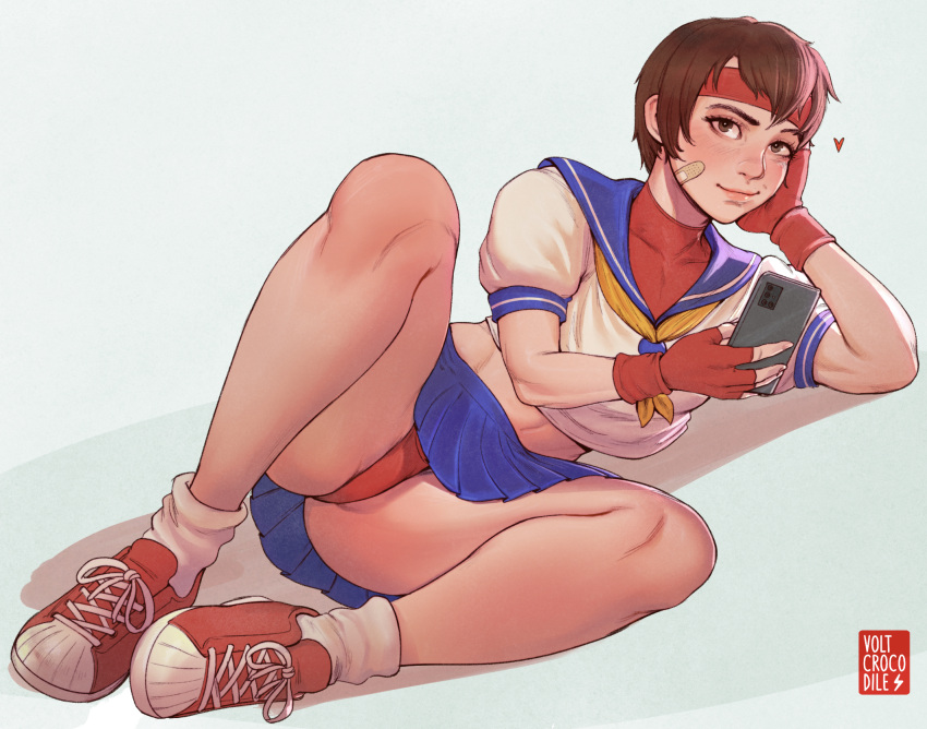 Rule 34 – 1girls bandaid on face blue skirt brown eyes brown hair capcom chin rest clothed converse electronics female fingerless gloves footwear full body handwear headband headwear highres holding phone human lips looking at viewer loose socks lying naughty face on phone on side pale skin panties pantyshot presenting presenting crotch presenting panties red footwear red gloves red panties sakura kasugano serafuku short hair smartphone smile sneakers solo spread legs street fighter street fighter alpha tomboy toned toned female upskirt volt crocodile | 5703173
